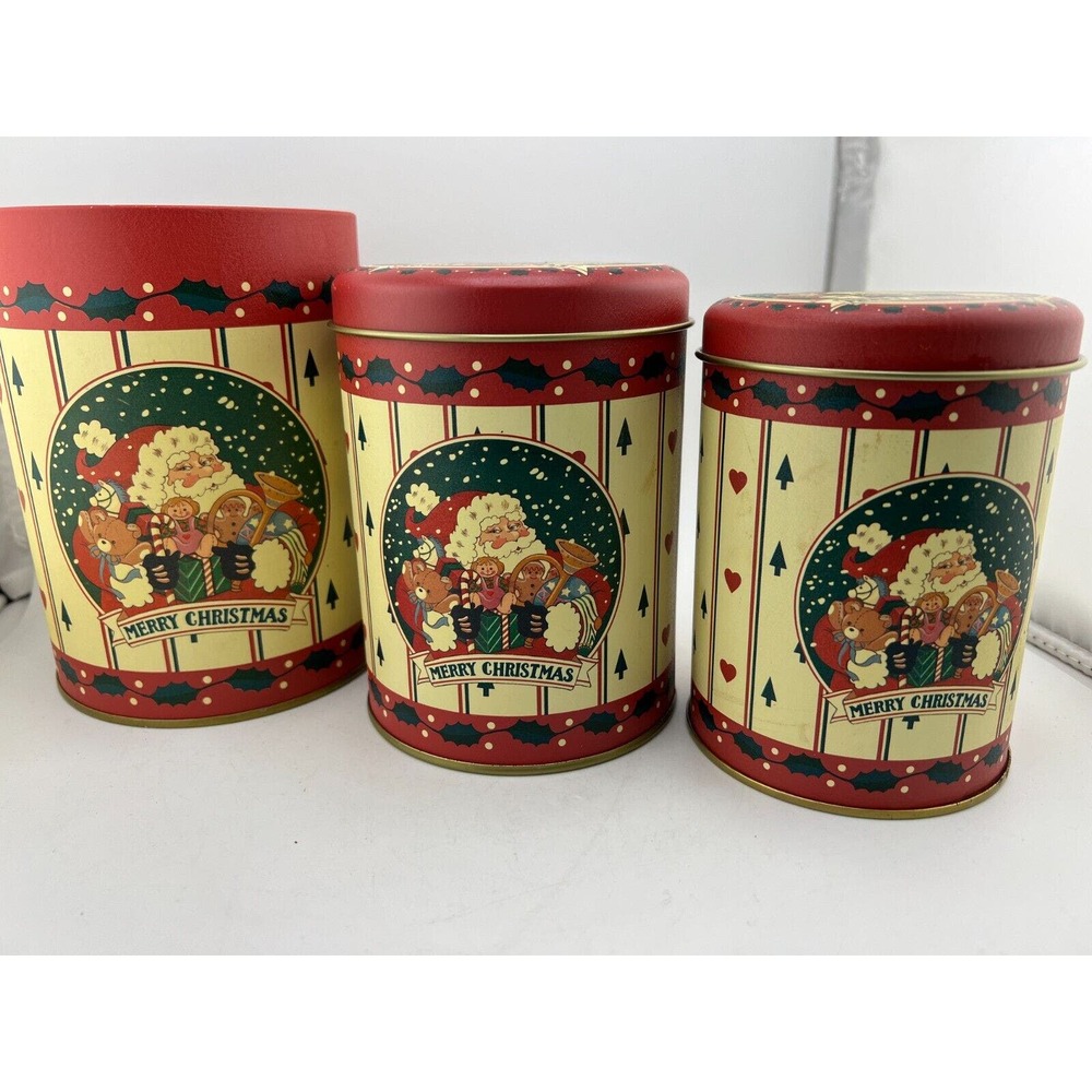 Vintage Holiday Merry Christmas Santa Tin Set of 3